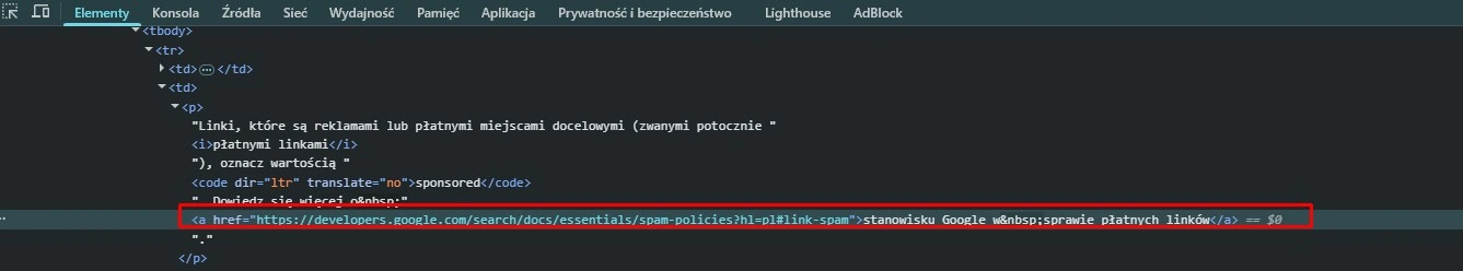 obrazek ukazuje sprawdzenie atrybutu rel w linku w devtools