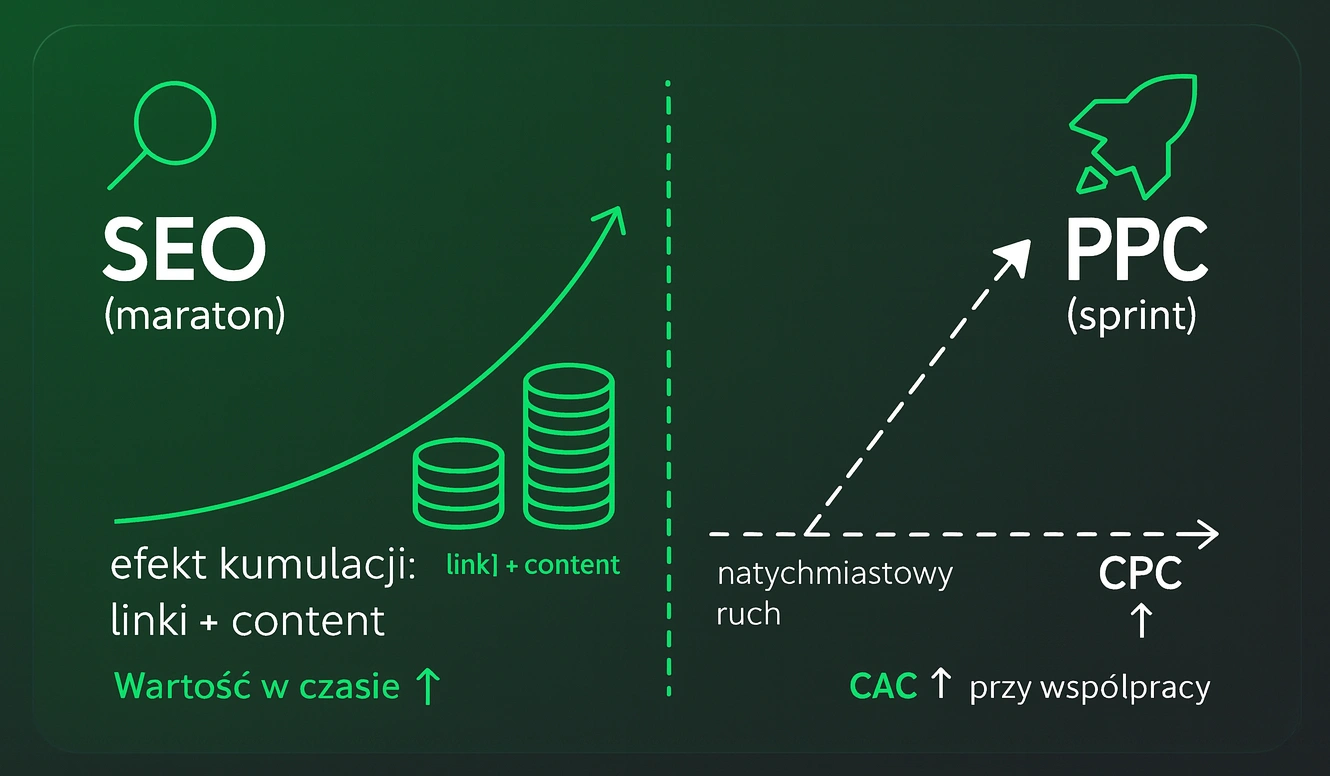 Porównanie: wzrost ruchu z SEO a PPC, różne krzywe kosztu w czasie