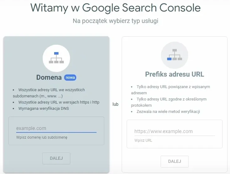 obrazek ukazuje wybór typu własności w GSC między domeną a prefiksem adresu