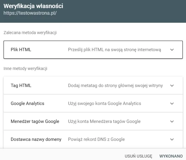 obrazek ilustruje weryfikację właśności w Google Search Console
